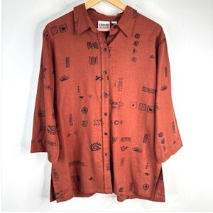 VTG Chicos Linen Button Up Tunic L Rust Aztec Print Southwestern Boho Western